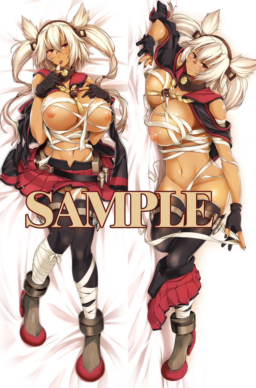 black_gloves black_legwear blonde_hair blush breasts budget_sarashi bullet dakimakura dark_skin fingerless_gloves glasses gloves headgear highres huge_breasts kantai_collection long_hair looking_at_viewer multiple_views musashi_(kantai_collection) nipples open_mouth ouma_tokiichi pointy_hair red_eyes sample sarashi skirt smile thighhighs twintails