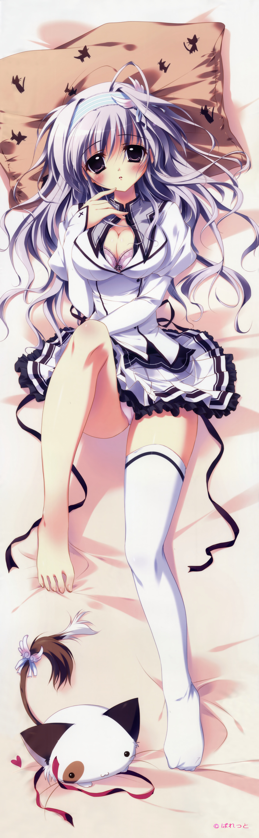 :3 absurdres amaha_miu bed bed_sheet blush bow bow_bra bra breasts cat cleavage dakimakura full_body headband highres huge_filesize izumi_tsubasu large_breasts lavender_hair leg_up legs looking_at_viewer lying mashiroiro_symphony on_back pan-nya panties pillow pink_bra pink_panties purple_eyes purple_hair ribbon school_uniform single_thighhigh skirt solo thighhighs underwear white_legwear