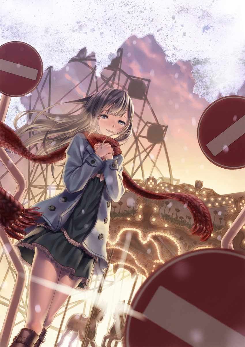 bad_id bad_pixiv_id black_eyes boots brown_hair carousel coat dress dutch_angle ferris_wheel highres hyp knee_boots long_hair original scarf sign smile solo tears