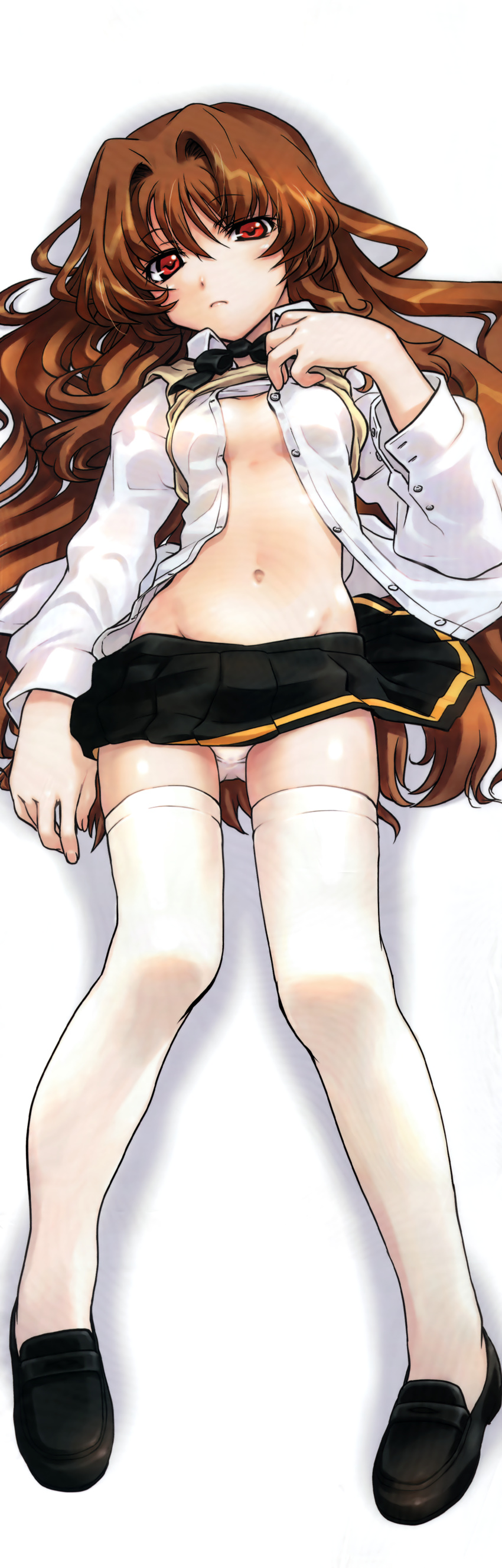 absurdres artist_request bed bed_sheet blush breasts brown_hair dakimakura full_body highres legs long_sleeves looking_at_viewer lying morino_ichigo no_bra on_back onegai_teacher open_clothes open_shirt panties red_eyes school_uniform shirt shoes skirt skirt_lift small_breasts solo thighhighs underwear wavy_hair white_legwear white_panties