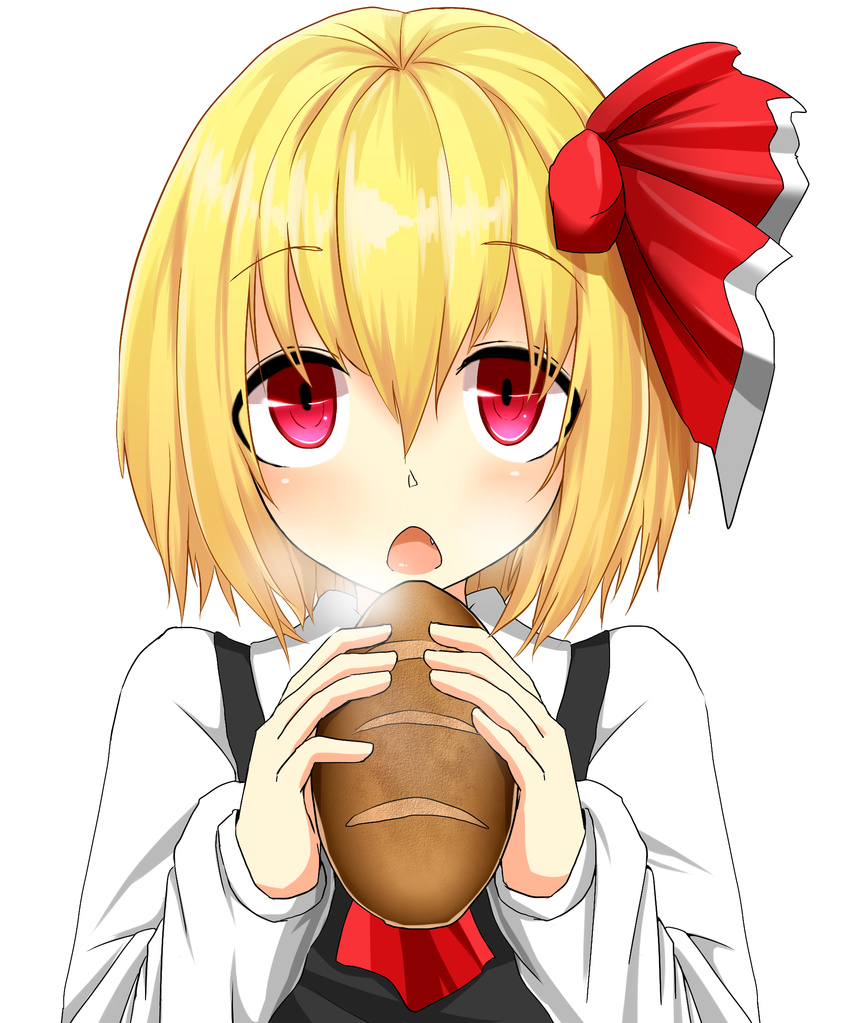 ascot black_dress blonde_hair bread chestnut_mouth dress fang food hair_ribbon highres long_sleeves looking_at_viewer open_mouth red_eyes ribbon rumia shirt simple_background solo touhou white_background yamato_(muchuu_paradigm)