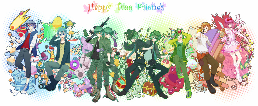 amputee blue_hair cro-marmot doughnut flippy food giggles_(htf) green_hair handy happy_tree_friends hat heterochromia lifty lumpy mask multicolored_hair multiple_persona newspaper nutty petunia_(htf) pink_hair shifty short_hair siblings splendid_(htf) sweets twins uniikura