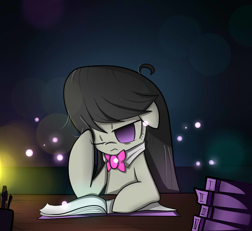 book bow_tie cyanaeolin equine female feral friendship_is_magic frown fur grey_fur hair horse light long_hair mammal my_little_pony octavia_(mlp) one_eye_closed pony purple_eyes solo