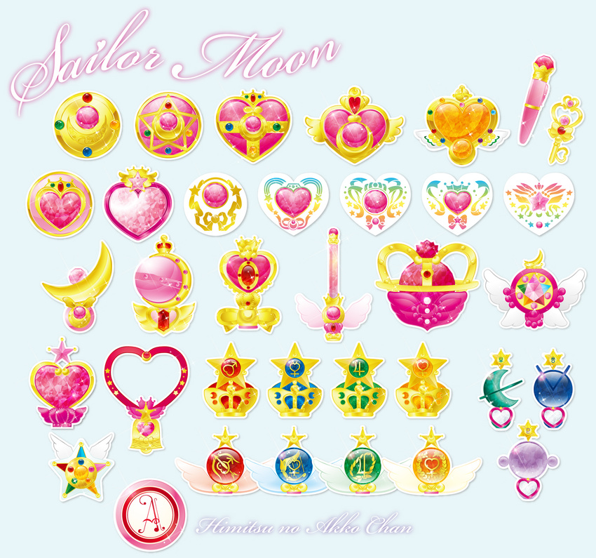 bad_pixiv_id bishoujo_senshi_sailor_moon brooch copyright_name crossover crystal crystal_carillon cutie_moon_rod eternal_tiare gem heart highres himitsu_no_akko-chan jewelry jupiter_symbol kaleidomoon_scope katou_sami key mars_symbol mercury_symbol moon_stick neptune_symbol no_humans pen pink_moon_stick pluto_symbol sparkle spiral_heart_moon_rod uranus_symbol venus_symbol wand wings