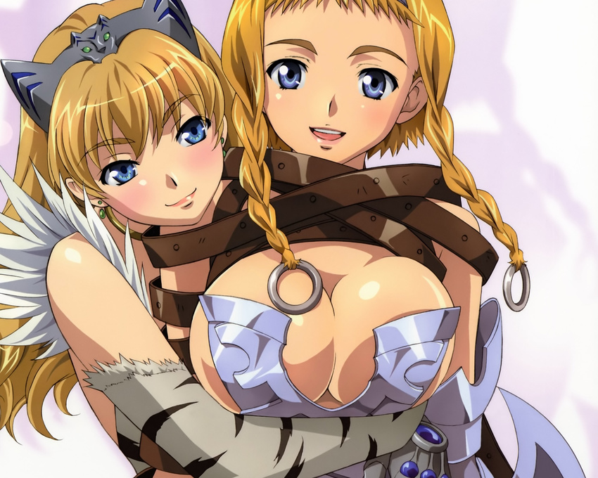 2girls :d armor bare_shoulders belt blonde_hair blue_eyes blush braid breasts bust cleavage detached_sleeves earrings elina hairband headpiece highres hisayuki_hirokazu hug hug_from_behind jewelry leina lips long_hair looking_at_viewer multiple_girls official_art open_mouth queen's_blade queen's_blade reach-around shadow short_hair siblings simple_background sisters smile twin_braids upper_body wallpaper white_background yuri