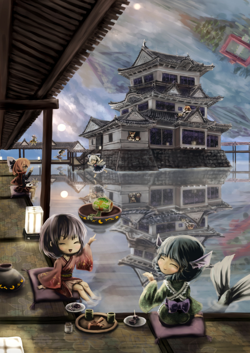 &gt;_&lt; animal_ears architecture arms_behind_head biwa_lute blouse blue_hair bow bowl brooch brown_hair cape castle chibi cirno closed_eyes cloud cloudy_sky cup cushion double_dealing_character dress east_asian_architecture flying food full_moon hair_bow head_fins highres horikawa_raiko imaizumi_kagerou instrument jacket japanese_clothes jewelry keikou_ryuudou kijin_seija kimono konnyaku_(food) lamp lavender_hair lute_(instrument) lying mallet mermaid monster_girl moon mountain multiple_girls obi on_back outstretched_arms parted_lips plate pointing red_hair reflection running sash sekibanki shining_needle_castle short_hair short_sleeves side_handle_teapot sitting skirt sky smile soaking_feet spread_arms sukuna_shinmyoumaru teapot toothpick touhou tsukumo_benben tsukumo_yatsuhashi upside-down wakasagihime water when_you_see_it wolf_ears yunomi zabuton