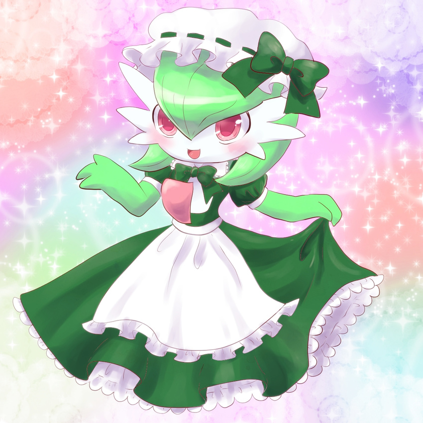 apron bad_id bad_pixiv_id blush bow clothed_pokemon commentary_request dress gardevoir gen_3_pokemon hat highres kemoribon maid no_humans open_mouth pink_eyes pokemon pokemon_(creature) smile solo sparkle