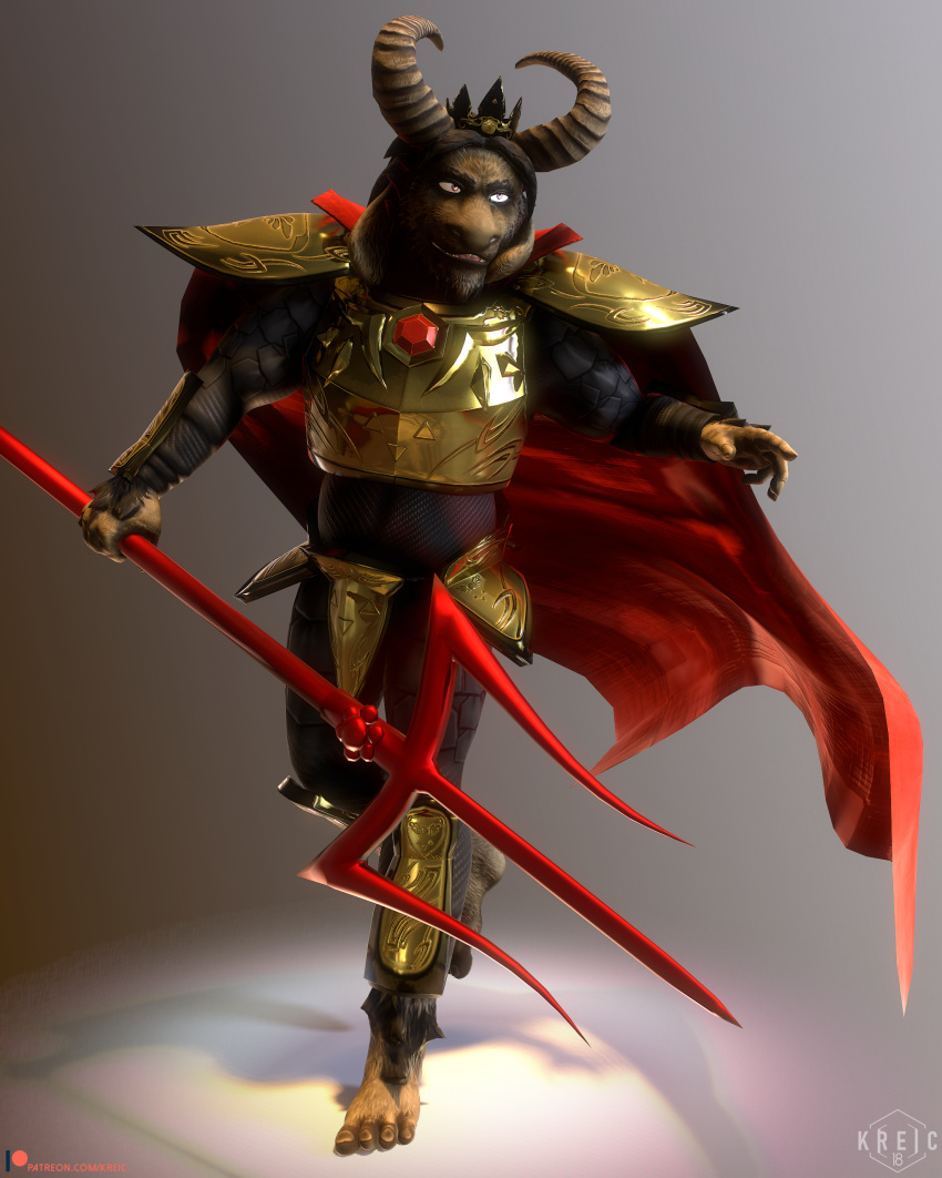 2018 3d_(artwork) armor cape caprine clothing digital_media_(artwork) goat horn king kreic male mammal melee_weapon polearm royalty trident weapon