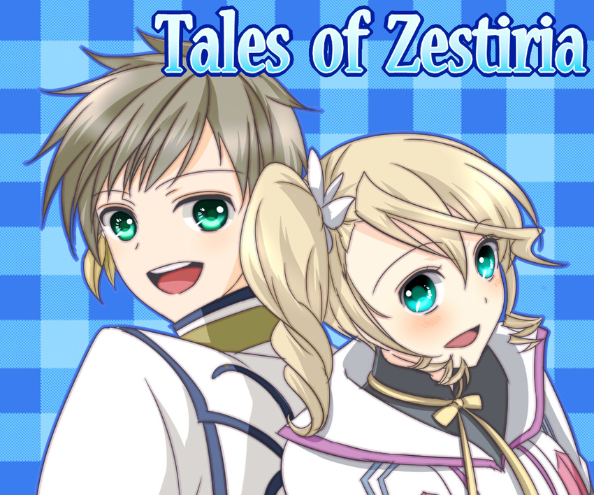 1boy 1girl alicia_(tales) alisha_diphda aqua_eyes blue_background blue_eyes blush breasts brown_hair capelet coat copyright_name earrings jewelry long_hair ribbon short_hair side_ponytail slay_(tales) sorey_(tales) tales_of_(series) tales_of_zestiria