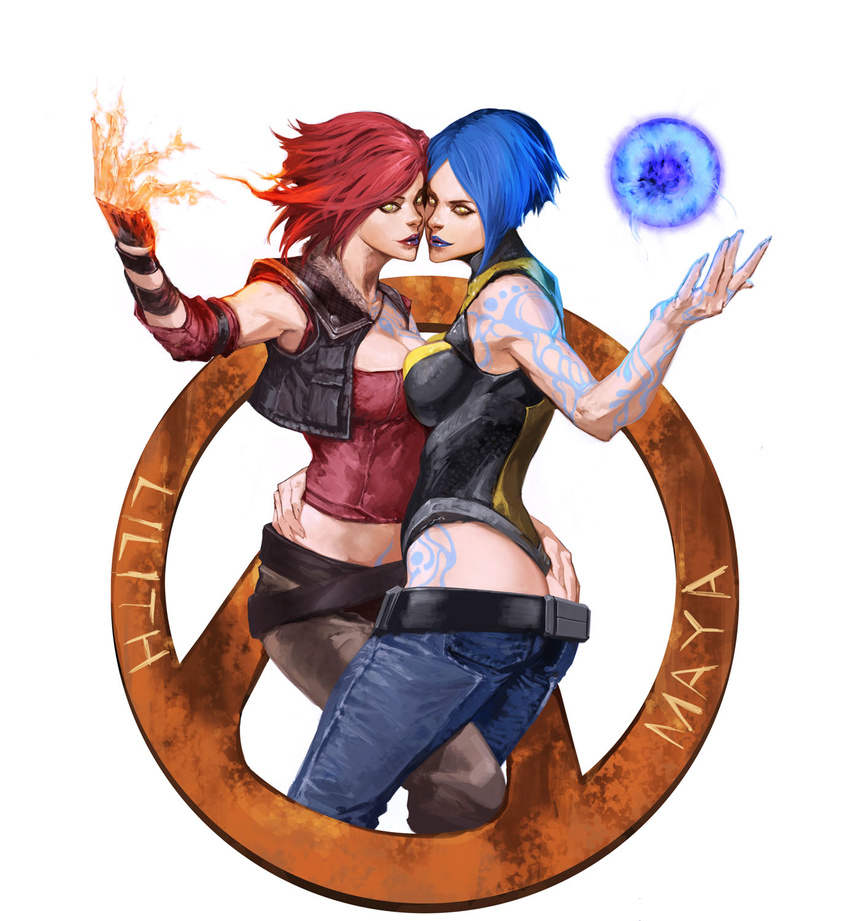 ass blue_hair bob_cut borderlands borderlands_2 breast_press fingerless_gloves fire gloves highres ikeda_masateru lilith_(borderlands) lipstick makeup maya_(borderlands) multiple_girls pants red_hair smile symmetrical_docking tattoo yellow_eyes