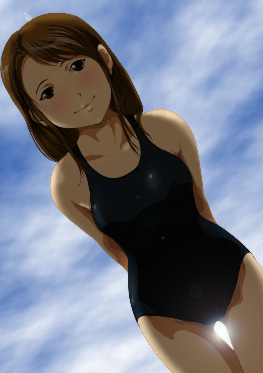 absurdres arms_behind_back blush brown_eyes brown_hair cloud day dutch_angle highres isezaki_eri long_hair nanashi_noiji one-piece_swimsuit school_swimsuit sky smile solo soredemo_machi_wa_mawatteiru sun swimsuit thigh_gap