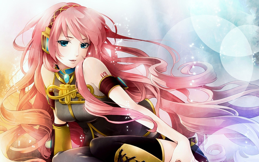 armband bare_shoulders blue_eyes detached_sleeves female gem head_tilt headphones highres hima_(ab_gata) hima_(artist) jewelry legs long_hair looking_at_viewer megurine_luka open_mouth pink_hair sapphire_(stone) sitting sleeveless smile solo tattoo thighhighs very_long_hair vocaloid wallpaper