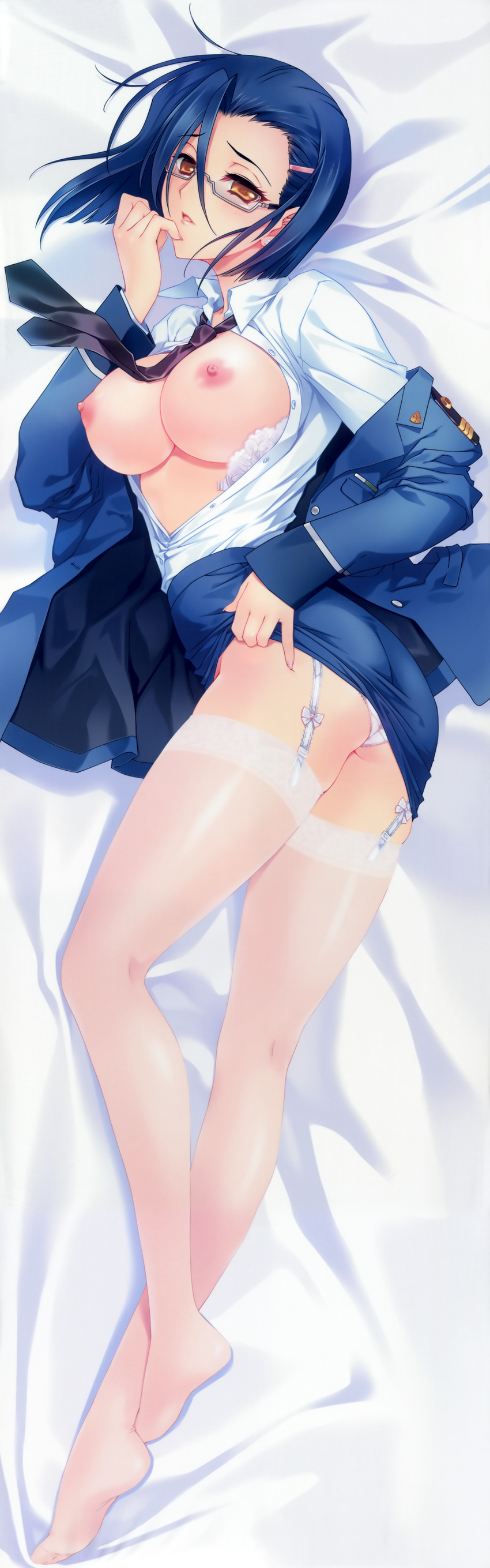 absurdres bed bed_sheet blue_hair blush bra breasts breasts_outside brown_eyes carnelian dakimakura from_above full_body garter_straps glasses hair_ornament hairclip highres large_breasts looking_at_viewer looking_back lying miniskirt necktie niimi_kaoru nipples on_bed on_stomach open_bra open_clothes open_shirt panties parted_lips pencil_skirt shirt shirt_pull short_hair skindentation skirt skirt_lift solo thighhighs uchuu_senkan_yamato uchuu_senkan_yamato_2199 underwear uniform white_bra white_legwear white_panties