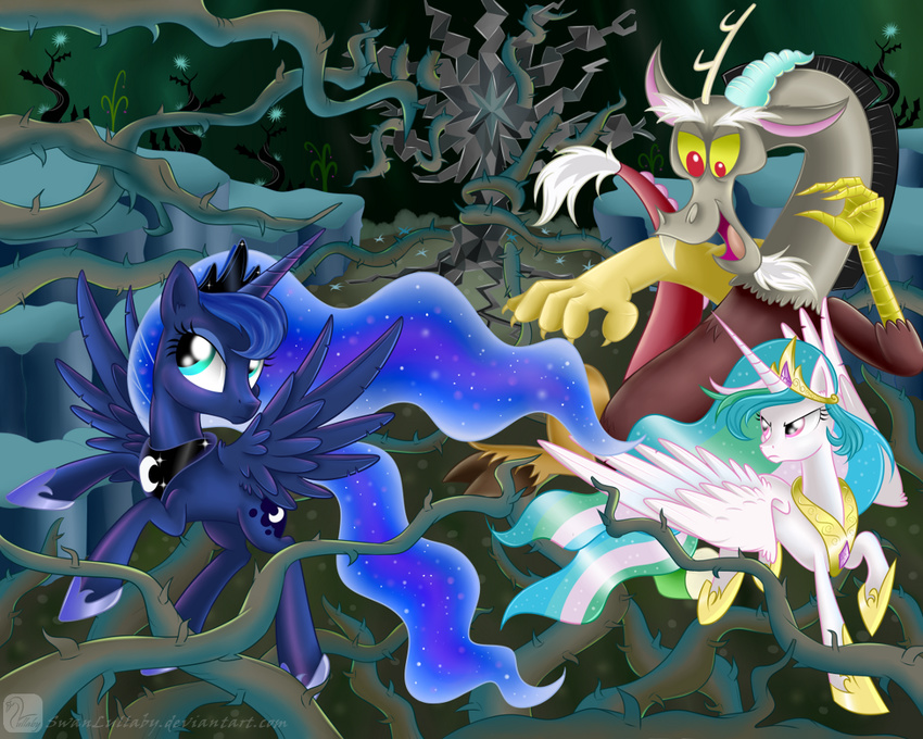 blue_eyes crown cutie_mark discord_(mlp) draconequus equine fagn fangs female flying forest friendship_is_magic gold group hair horn horse mammal multi-colored_hair my_little_pony necklace outside pony pricness_celestia_(mlp) princess_celestia_(mlp) princess_luna_(mlp) purple_eyes red_eyes sparkles stone swanlullaby thorn thorns tree vine vines winged_unicorn wings