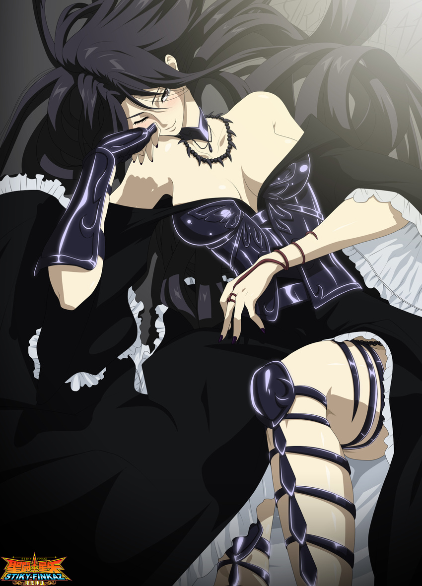 armor black_dress black_hair black_panties dress highres leg legs pandora_(saint_seiya) panties purple_eyes saint_seiya saint_seiya:_the_lost_canvas smile stiky_finkaz underwear