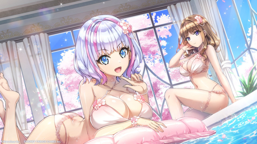 2girls armlet bare_arms bare_shoulders bikini blue_eyes bracelet breasts brown_hair cherry_blossoms cleavage curtains dolphin_wave finger_to_own_chin flower hair_flower hair_ornament highres jewelry kukuri_tomo large_breasts looking_at_viewer lying multicolored_hair multiple_girls official_art on_stomach ootomo_takuji pink_hair pool purple_eyes suminoe_shion swimsuit thighhighs window