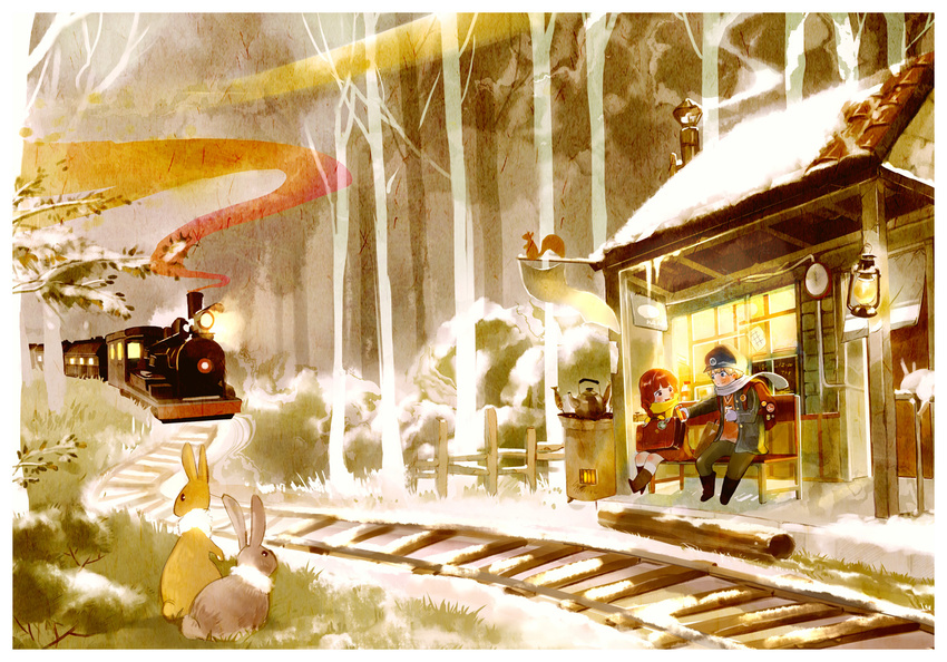 1girl bunny faux_traditional_media forest ground_vehicle heater kettle lantern liu_shuang_fei locomotive nature original smoke snow squirrel steam_locomotive train train_station tree winter