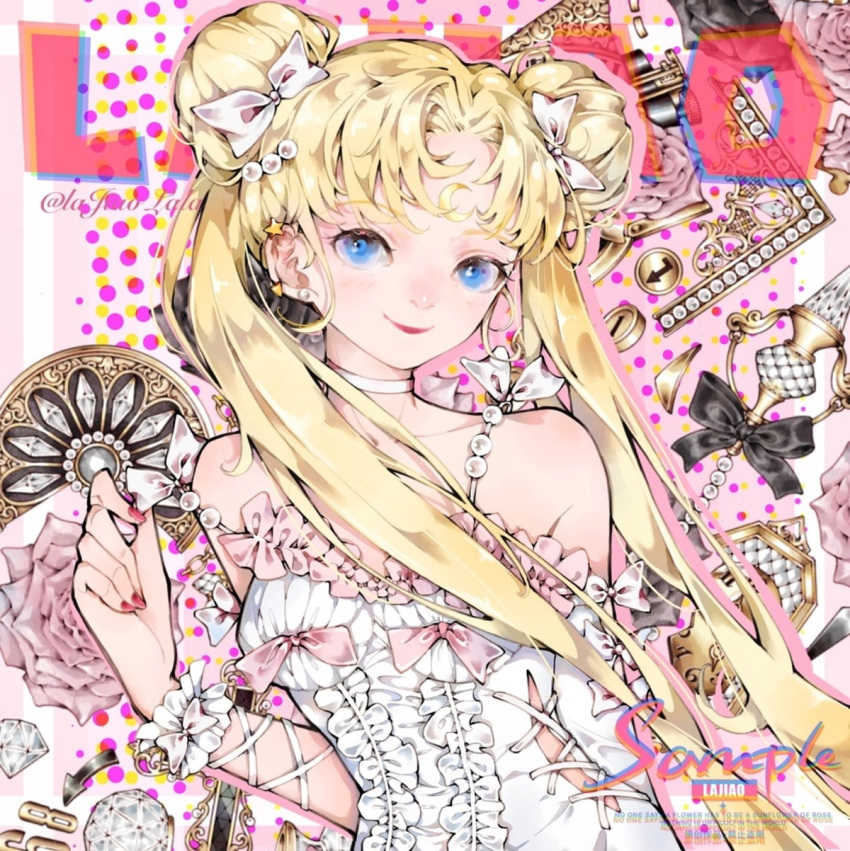 1girl arm_ribbon artist_name beads bishoujo_senshi_sailor_moon black_bow blonde_hair blue_eyes bow center_frills chinese_commentary choker closed_mouth commentary_request cowboy_shot crescent crescent_facial_mark cross-laced_clothes cross-laced_dress detached_sleeves diamond_(gemstone) double_bun dress dress_bow eyelashes facial_mark flower folding_fan forehead_mark frilled_dress frilled_wrist_cuffs frills hair_bun hand_fan highres holding holding_fan lajiao_lala lipstick long_hair long_sleeves looking_at_viewer makeup nail_polish pink_background pink_bow pink_flower pink_rose red_lips red_nails ribbon rose sample_watermark side_slit single_detached_sleeve sleeve_bow sleeveless sleeveless_dress smile solo spaghetti_strap tsukino_usagi twintails very_long_hair watermark white_bow white_choker white_dress white_flower white_rose white_sleeves white_wrist_cuffs wrist_bow wrist_cuffs
