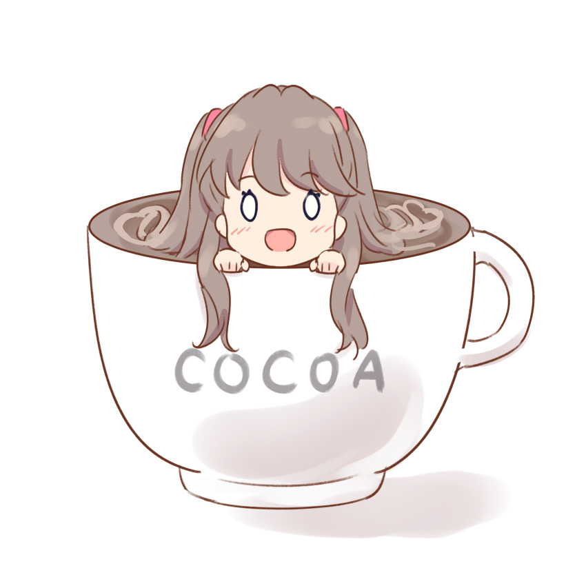 0_0 1girl :d blush brown_hair cup fujishima_megumi highres hot_chocolate in_container in_cup link!_like!_love_live! long_hair looking_at_viewer love_live! mini_person minigirl open_mouth shadow simple_background smile solo soramizuki teacup two_side_up white_background