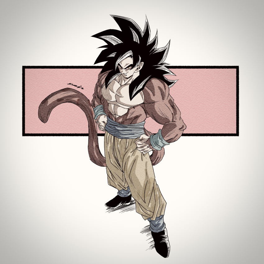 1boy absurdres biceps black_footwear black_hair blue_sash blue_wristband body_fur closed_mouth dragon_ball dragon_ball_gt hands_on_own_hips highres monkey_boy monkey_tail muscular muscular_male no_nipples noir_illust pants red_fur sash smile son_goku spiked_hair super_saiyan super_saiyan_4 tail yellow_pants