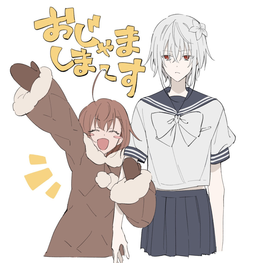 2girls a_certain_high_school_uniform accelerator_(toaru_majutsu_no_index) ahoge albino blue_sailor_collar blue_skirt blush_stickers bow brown_coat brown_hair chinese_text coat earphones expressionless flat_chest flower fur-trimmed_coat fur_trim genderswap genderswap_(mtf) hair_flower hair_ornament highres holding_another's_arm last_order_(toaru_majutsu_no_index) long_sleeves looking_to_the_side miniskirt mittens multiple_girls official_alternate_costume open_mouth pale_skin red_eyes ringo_niruni sailor_collar school_uniform serafuku short_hair short_sleeves sketch skirt smile standing suzushina_yuriko toaru_majutsu_no_index upper_body waving white_background white_bow white_hair