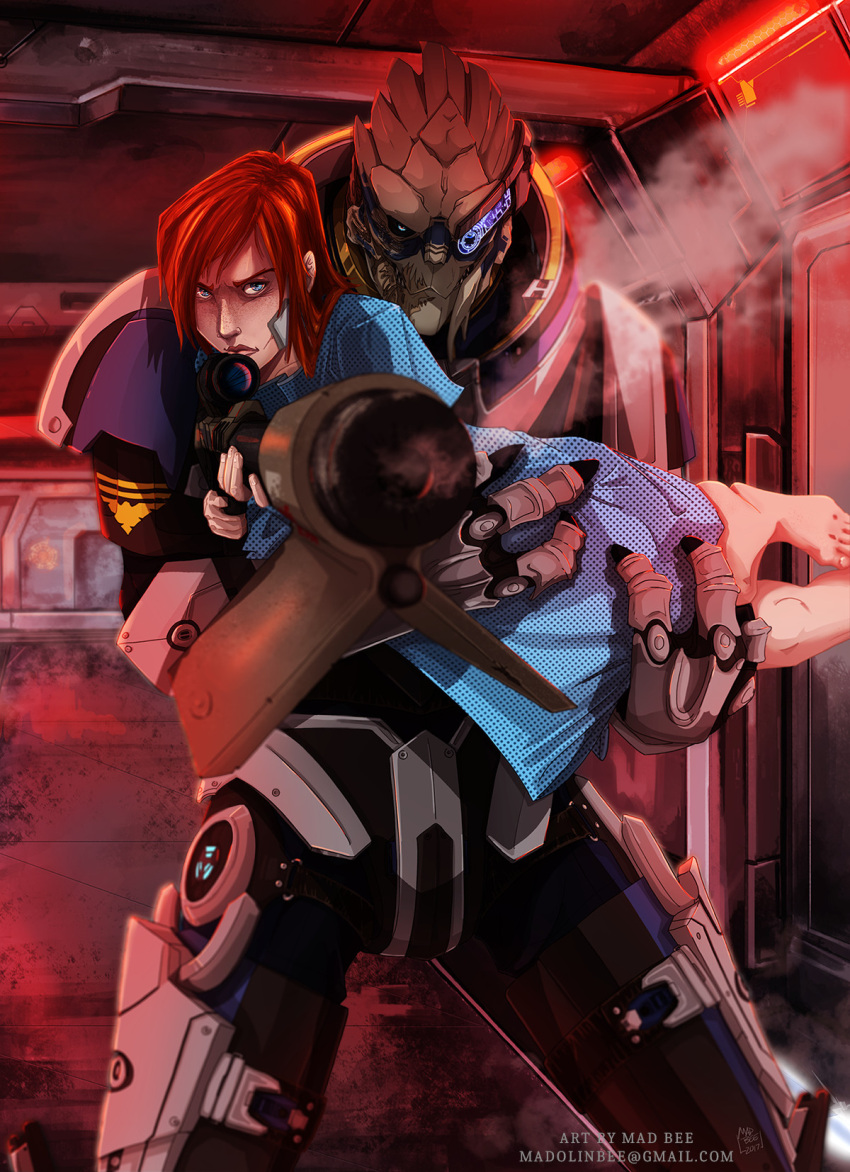 1boy 1girl aiming alien armor barefoot black_sclera blue_eyes blue_shirt carrying colored_sclera commander_shepard commander_shepard_(female) commentary commission english_commentary fewer_digits freckles frown garrus_vakarian gun hair_behind_ear hallway highres holding holding_gun holding_weapon long_shirt mad_bee mass_effect_(series) mass_effect_2 power_armor princess_carry red_hair rifle scope shirt sniper_rifle turian weapon western_comics_(style)