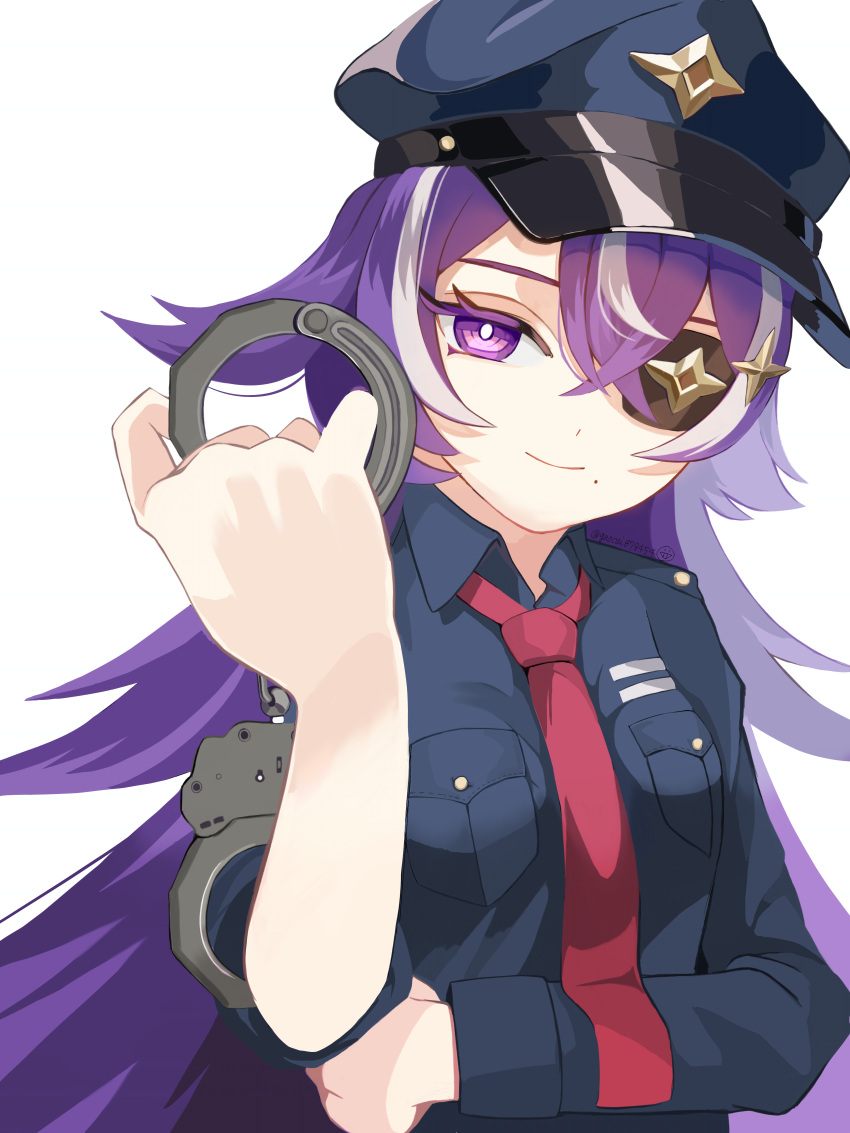 1girl absurdres alternate_costume blue_headwear blue_jacket breast_pocket bright_pupils buttons chevreuse_(genshin_impact) closed_mouth commentary crossed_bangs cuffs eyepatch genshin_impact hair_between_eyes handcuffs hat highres holding holding_handcuffs jacket long_hair long_sleeves looking_at_viewer mole mole_under_mouth multicolored_hair necktie peaked_cap pocket pointy_hair police police_hat police_uniform policewoman purple_eyes purple_hair red_necktie sidelocks simple_background sleeve_rolled_up smile solo streaked_hair uniform upper_body very_long_hair wafuu_tsunamayo white_background white_hair white_pupils
