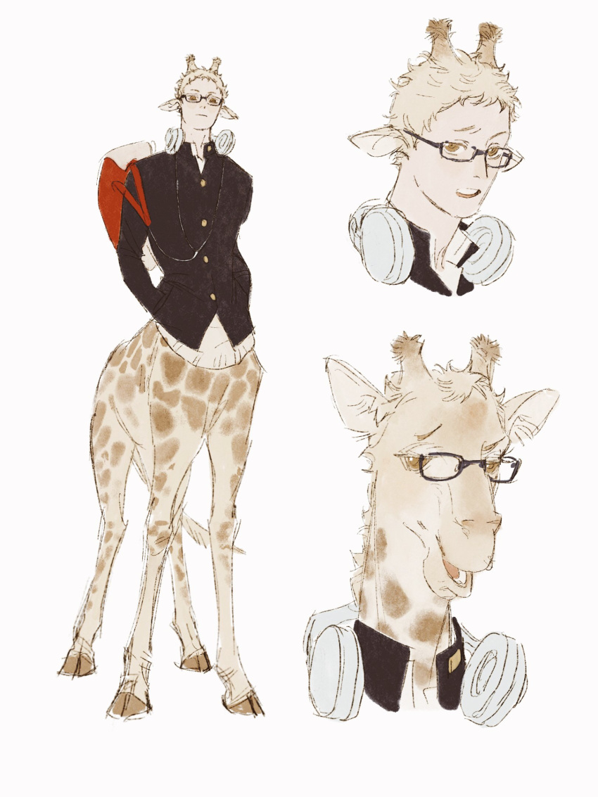 1boy animal_ears black_jacket blonde_hair brown_eyes centauroid chengongzi123 closed_mouth collared_jacket commentary full_body furrification furry furry_male gakuran giraffe_boy giraffe_ears giraffe_horns giraffe_tail glasses haikyuu!! hands_in_pockets headphones headphones_around_neck highres hooves horns jacket long_sleeves looking_at_viewer male_focus monster_boy monsterification multiple_views open_mouth red_bag school_uniform short_hair simple_background standing symbol-only_commentary tail taur tsukishima_kei very_short_hair white_background