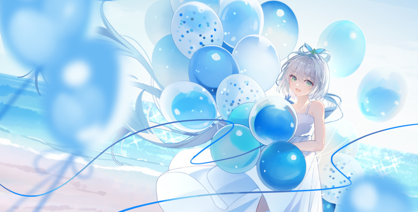 1girl :d absurdres balloon bare_shoulders beach blue_bow bow collarbone commentary cowboy_shot dress green_eyes hair_between_eyes hair_bow hair_rings harutatsunoki highres holding holding_balloon looking_at_viewer luo_tianyi ocean open_mouth sand short_hair smile solo sparkle vocaloid vsinger water white_dress white_hair