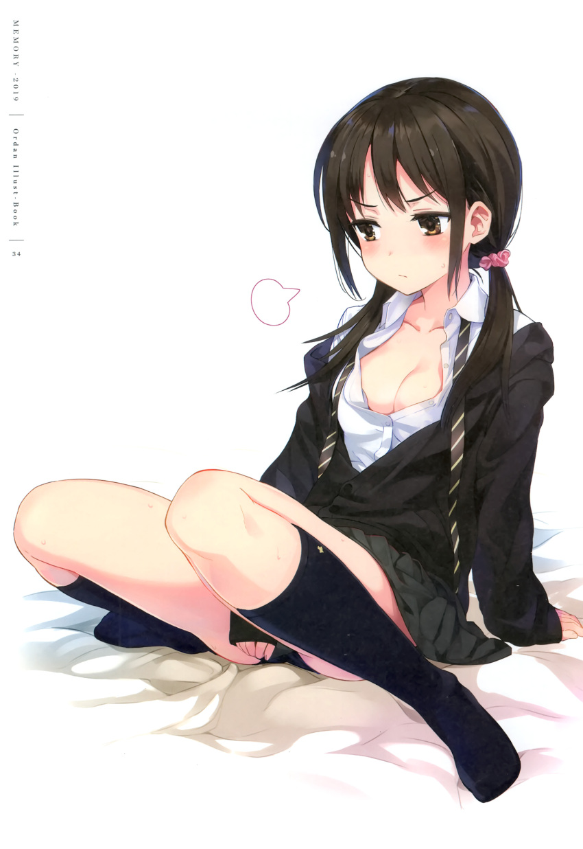 1girl absurdres amagai_tarou arm_support bed_sheet between_legs black_hair black_jacket black_panties black_skirt black_socks blazer blush breasts brown_eyes brown_hair cardigan cleavage closed_mouth collarbone collared_shirt dress_shirt frown full_body hair_ornament hair_scrunchie hand_between_legs highres jacket kneehighs long_hair long_sleeves low_twintails medium_breasts necktie no_shoes non-web_source open_clothes open_jacket open_shirt original panties partially_unbuttoned pink_scrunchie pleated_skirt polka_dot pout school_uniform scrunchie shirt simple_background sitting skirt sleeves_past_wrists small_breasts socks solo striped_necktie sweat twintails unbuttoned unbuttoned_shirt underwear undone_necktie v-shaped_eyebrows white_background white_shirt