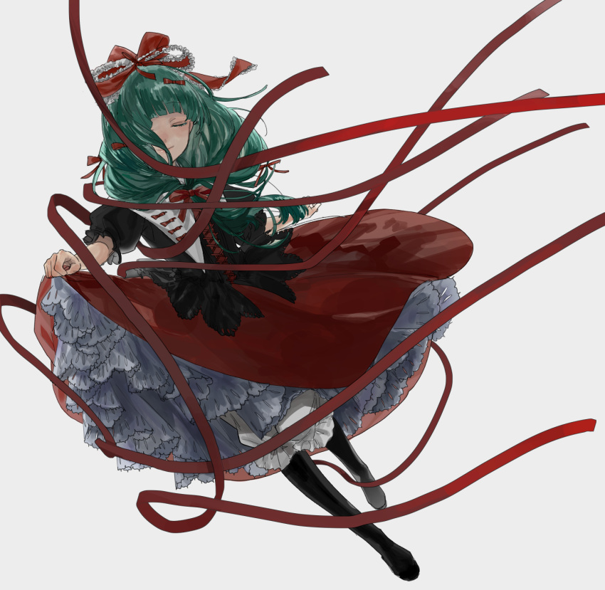 1girl 9k_(_96kb) black_footwear boots closed_eyes closed_mouth commentary_request dress frilled_ribbon frills front_ponytail full_body green_hair hair_over_one_eye hair_ribbon highres kagiyama_hina long_hair one_eye_covered petticoat puffy_short_sleeves puffy_sleeves red_dress red_ribbon ribbon short_sleeves simple_background skirt_hold solo touhou white_background