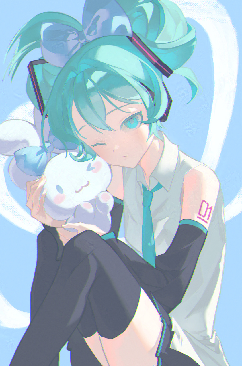 1girl :3 absurdres aqua_eyes aqua_hair aqua_necktie arm_tattoo black_skirt black_sleeves black_thighhighs blue_bow bow cinnamiku cinnamoroll collared_shirt detached_sleeves ear_bow grey_shirt hair_between_eyes hair_bow hatsune_miku headphones highres knees_up long_hair looking_at_viewer looshue necktie one_eye_closed pleated_skirt sanrio shirt sitting skirt sleeveless sleeveless_shirt tattoo thighhighs tied_ears updo vocaloid