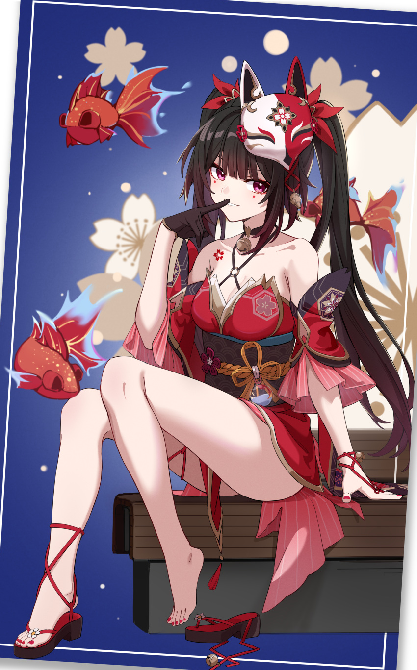 1girl :d absurdres bare_shoulders barefoot bell black_choker black_gloves blue_background bow breasts brown_hair choker cleavage collarbone commentary_request criss-cross_halter dress eyeliner feet finger_to_mouth fish flower fox_mask full_body gloves gradient_hair grin hair_bow halterneck highres honkai:_star_rail honkai_(series) index_finger_raised inset_border knees_together_feet_apart large_breasts legs long_hair looking_at_viewer makeup man_ge mask mask_on_head multicolored_hair nail_polish neck_bell o-ring obi open_mouth pink_eyes red_bow red_dress red_eyeliner red_hair red_nails revision sandals sash shoes short_dress simple_background single_glove single_shoe sitting sleeveless sleeveless_dress smile solo sparkle_(honkai:_star_rail) teeth toenail_polish toenails toes twintails unworn_shoes white_flower