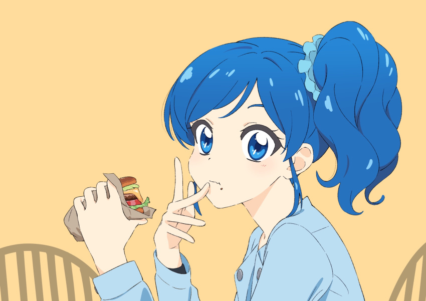 1girl aikatsu! aikatsu!_(series) blue_eyes blue_hair blue_jacket blue_scrunchie blush burger eating food food_on_face hair_ornament hair_scrunchie highres jacket kiriya_aoi looking_at_viewer scrunchie semham side_ponytail solo upper_body