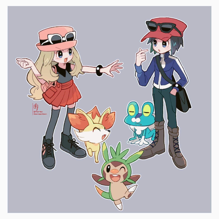 1boy 1girl :d ^_^ artist_name bag black-framed_eyewear black_bag black_bracelet black_footwear black_hair blonde_hair boots border brown_footwear calem_(pokemon) chespin chikafuji closed_eyes commentary_request cross-laced_footwear cuffs eyewear_on_headwear fennekin fox froakie frog grey_background grey_thighhighs hand_in_pocket handbag hat highres long_hair one_eye_closed outstretched_arm pink_bag pokemon pokemon_(creature) pokemon_xy reaching_towards_another red_headwear red_skirt serena_(pokemon) shoes short_hair shoulder_bag simple_background skirt smile snout standing standing_on_one_leg starter_pokemon_trio sunglasses teeth thighhighs twitter_username upper_teeth_only white-framed_eyewear white_border yellow_fur