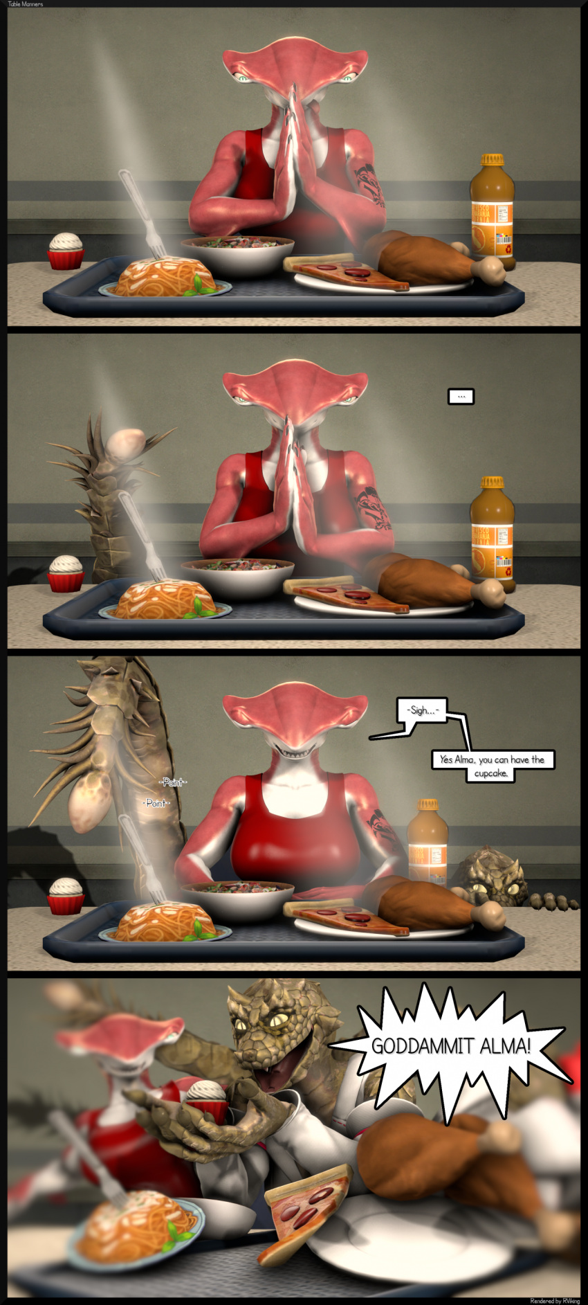 2024 3d_(artwork) 5_fingers absurd_res alma_(petruz) anthro arm_tattoo breasts clothed clothing comic cupcake cutlery dialogue digital_media_(artwork) duo english_text fangs female fingers fish food fork green_body green_scales ground_shark hammerhead_shark hi_res horned_viper humanoid_hands kitchen_utensils licking licking_lips marine multicolored_body multicolored_skin petruz_(copyright) phyrna_(petruz) pizza red_body red_skin reindeerviking reptile scales scalie shark shirt snake source_filmmaker speech_bubble tail tank_top tattoo teeth text tools topwear two_tone_body two_tone_skin viper white_body white_skin