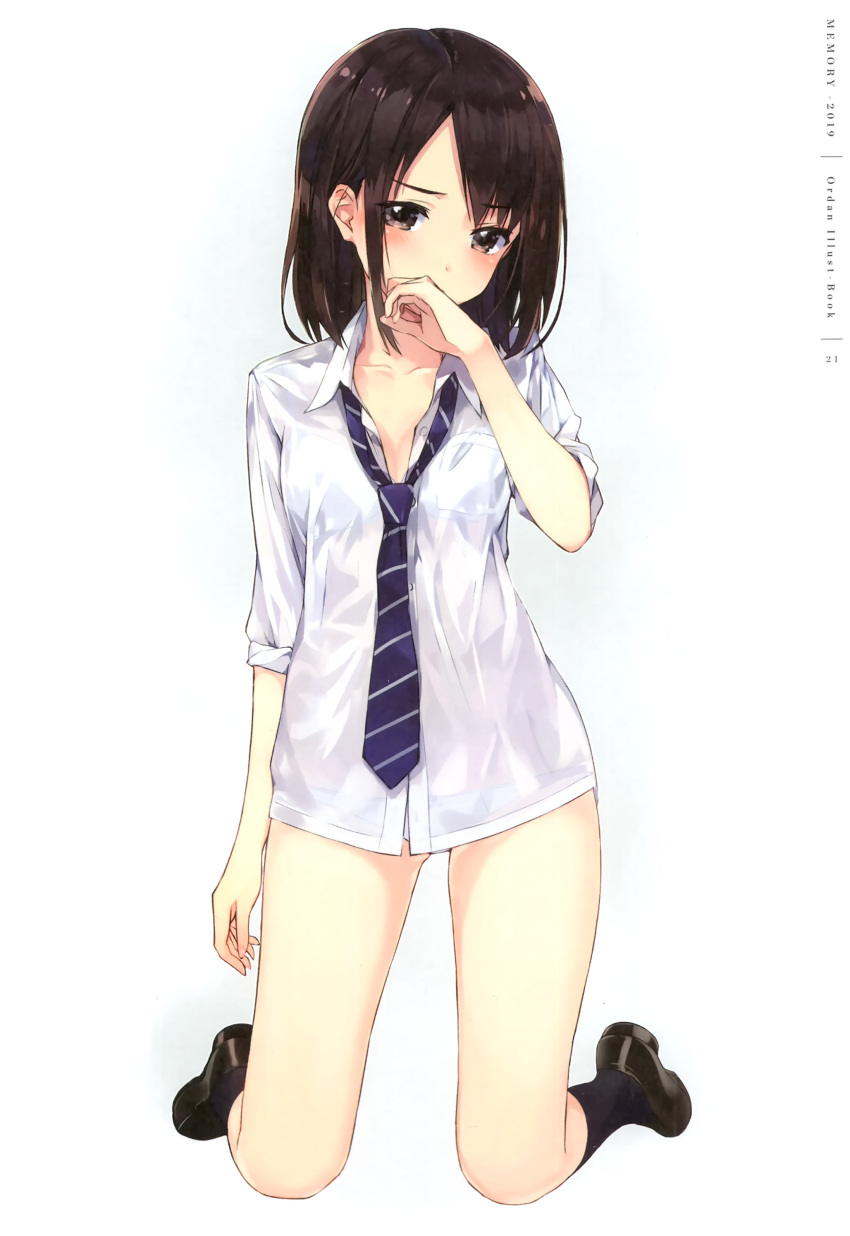 1girl absurdres amagai_tarou ass_visible_through_thighs black_hair black_socks blush bra breasts brown_eyes brown_hair collarbone collared_shirt covering_own_mouth dress_shirt full_body highres kneehighs kneeling loafers looking_at_viewer necktie no_pants non-web_source original page_number panties school_uniform see-through shirt shoes simple_background small_breasts socks solo striped_necktie underwear white_background white_shirt