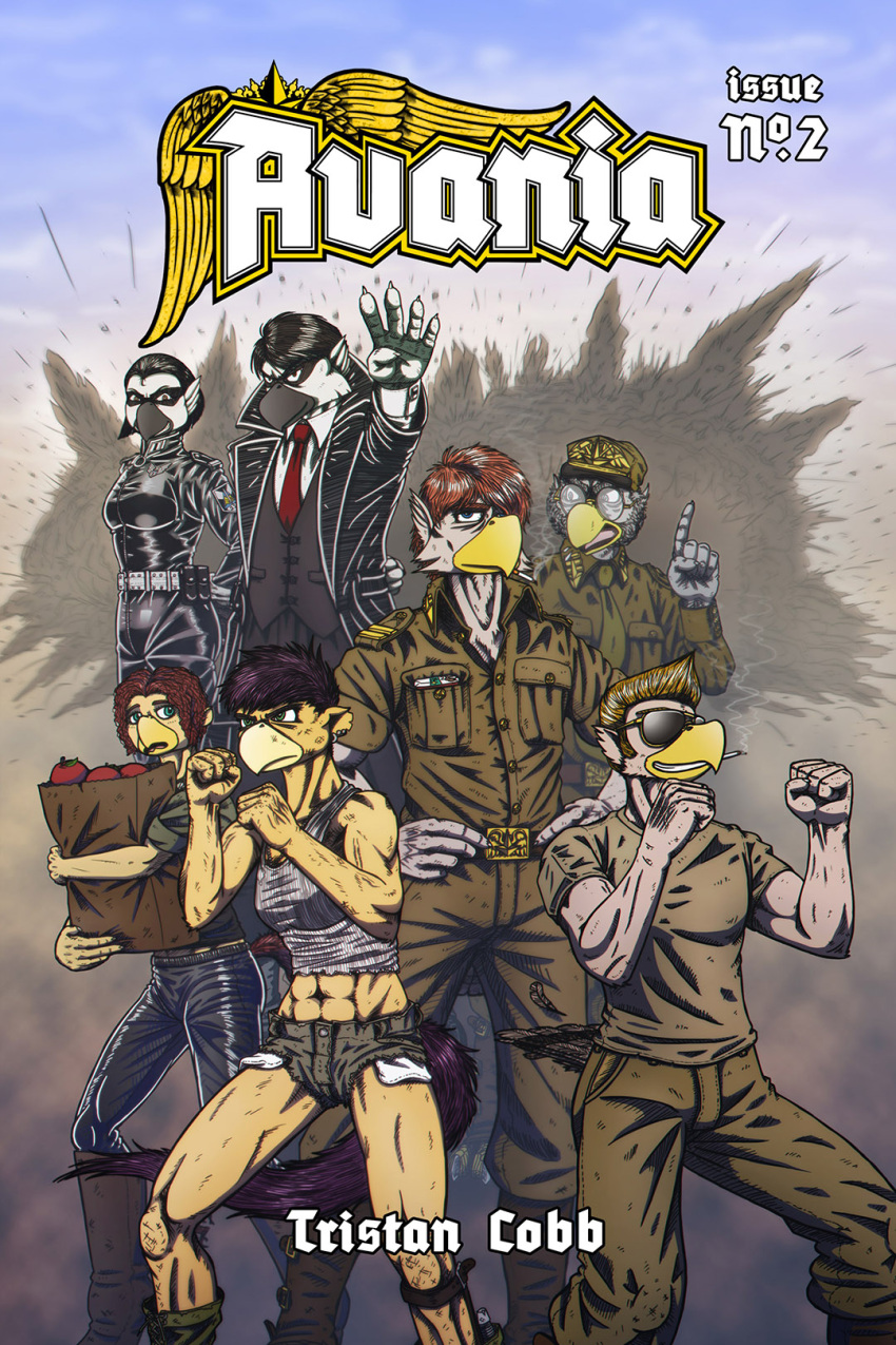 2019 5_fingers anthro avian beak belt biped bird black_hair blonde_hair breasts cigarette cigarette_in_mouth clothed clothing colored comic cover cover_art cover_page eyewear feathers female fingers fist glasses group hair hat headgear headwear hi_res holding_object male muscular muscular_anthro muscular_female object_in_mouth purple_hair red_hair smoking smoking_cigarette suit_and_tie tail tail_feathers tristikov white_body yellow_body