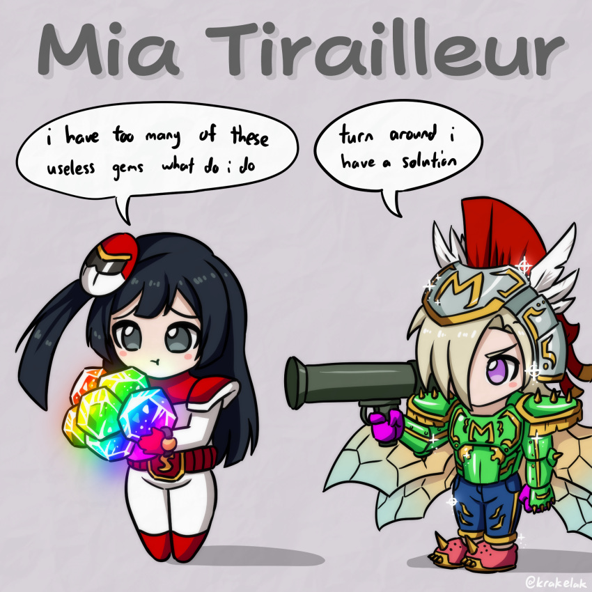 2girls :t aiming armor belt black_hair blonde_hair bodysuit breastplate chibi chibi_only closed_mouth crocs english_text finger_on_trigger gem gloves green_armor grey_background grey_eyes hair_over_one_eye helm helmet highres holding holding_gem holding_rocket_launcher holding_weapon insect_wings krakelak long_hair long_sleeves love_live! love_live!_nijigasaki_high_school_idol_club mask mask_on_head mia_taylor multiple_girls no_mouth one_eye_covered one_side_up pout pun purple_eyes purple_gloves red_belt red_footwear rocket_launcher shadow short_hair sidelocks speech_bubble spiked_footwear text_focus twitter_username weapon white_bodysuit wings yuki_setsuna_(love_live!)