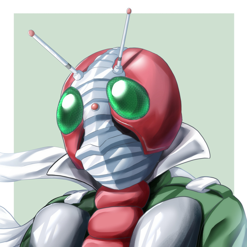 1boy absurdres antennae armor belt border compound_eyes green_background green_eyes helmet highres kamen_rider kamen_rider_v3 kamen_rider_v3_(series) male_focus masamune_mino mask portrait scarf simple_background solo tokusatsu upper_body white_border white_scarf