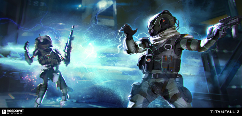 1boy 1other ammunition_pouch belt brown_belt brown_vest bulletproof_vest copyright_name electricity english_commentary grey_pants gun helmet hethe_srodawa holding holding_gun holding_weapon humanoid_robot logo looking_back looking_to_the_side official_art pants phase_shift_pilot_(titanfall_2) pilot_(titanfall_2) pouch respawn_entertainment robot simulacrum_(titanfall) titanfall_(series) titanfall_2 vest weapon