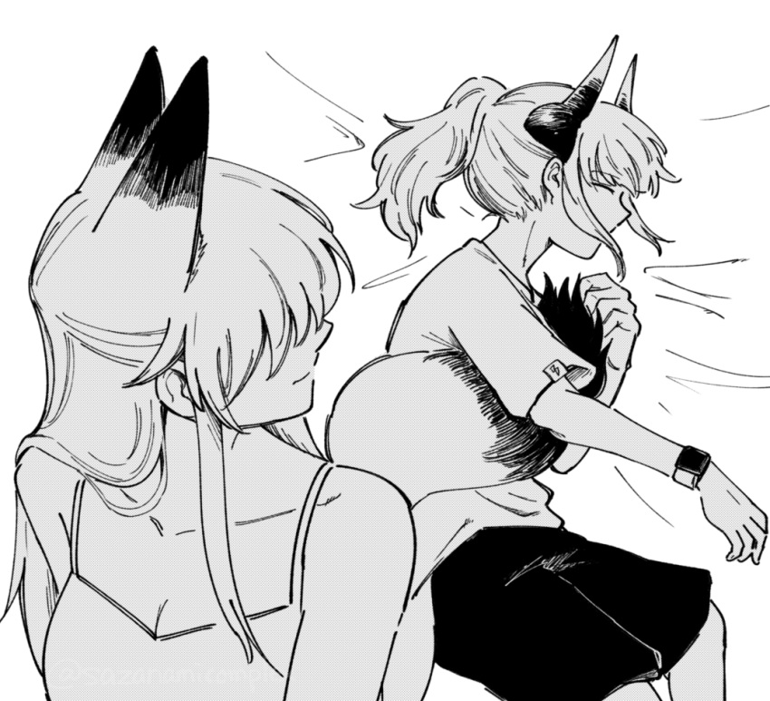 2girls animal_ears arknights bare_shoulders camisole closed_eyes closed_mouth commentary covered_mouth dragon_girl dragon_horns fox_ears fox_girl fox_tail franka_(arknights) greyscale haruichi_(sazanami_complex) hatching_(texture) horns hugging_tail linear_hatching liskarm_(arknights) long_hair looking_at_another looking_back lying monochrome multiple_girls on_side ponytail profile shirt short_hair short_sleeves shorts simple_background sketch sleeping smartwatch spaghetti_strap symbol-only_commentary tail turning_head watch white_background wristwatch