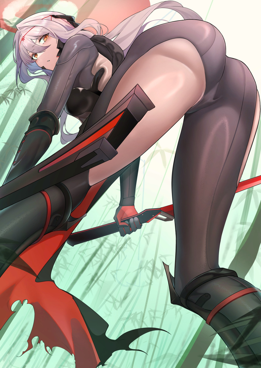 1girl absurdres armored_bodysuit ass bamboo bamboo_forest bent_over black_bodysuit bodysuit forest from_behind from_below goddess_of_victory:_nikke grey_bodysuit grey_hair halo headgear highres holding holding_weapon long_hair looking_at_viewer looking_back nature official_alternate_costume orange_eyes scarlet_(black_shadow)_(nikke) scarlet_(nikke) solo usagits_00 weapon