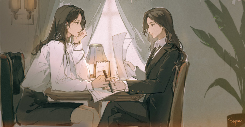 2girls black_hair black_pants black_suit breasts brown_hair business_suit chaser_game_w collared_shirt couple dress_shirt earrings eye_contact face-to-face formal harumoto_itsuki hayashi_fuyu highres jacket jewelry long_hair long_sleeves looking_at_another multiple_girls necktie pant_suit pants profile red_lips ring shirt smile suit suit_jacket supaii16 wedding_ring wife_and_wife yuri