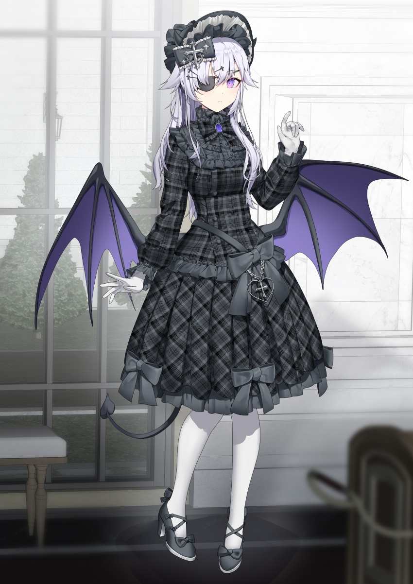 1girl black_footwear black_headwear blurry blurry_foreground bonnet bow breasts brooch closed_mouth commentary_request commission demon_girl demon_horns demon_tail demon_wings depth_of_field eyepatch frilled_skirt frilled_sleeves frills gloves gothic_lolita grey_bow grey_hair grey_shirt grey_skirt hair_between_eyes hand_up high_heels highres horns indoors jewelry lolita_fashion long_hair long_sleeves looking_at_viewer low_wings medium_breasts original pantyhose pixiv_commission plaid plaid_shirt plaid_skirt pleated_skirt purple_eyes purple_wings ronopu shirt shoes skirt solo standing tail tree very_long_hair wall_lamp white_gloves white_pantyhose window wings