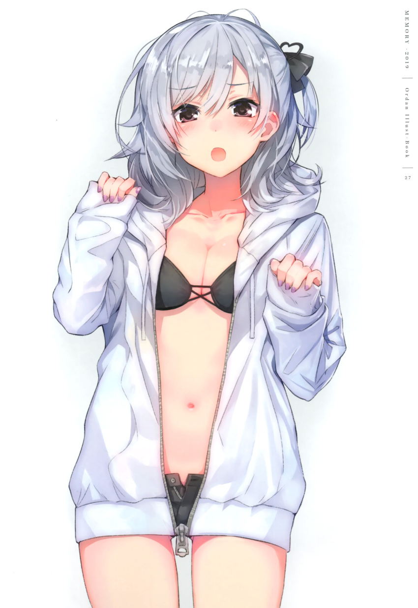 1girl :o absurdres amagai_tarou antenna_hair bikini bikini_top_only black_bikini black_ribbon black_shorts blush breasts brown_eyes cleavage collarbone cowboy_shot drawstring grey_hair hair_ribbon highres hood hood_down hoodie long_sleeves looking_at_viewer medium_breasts medium_hair nail_polish navel non-web_source one_side_up open_clothes open_fly open_hoodie open_mouth original purple_nails ribbon short_shorts shorts signature simple_background sleeves_past_wrists solo standing stomach swept_bangs swimsuit unbuttoned unzipped white_background zipper_pull_tab