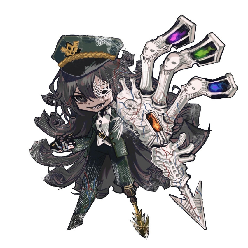 1girl ahab_(project_moon) black_pants blue_fire chibi collared_shirt e.g.o_(project_moon) fire full_body green_fire green_headwear green_jacket green_pants grey_hair grin harpoon harpoon_gun hat holding holding_smoking_pipe jacket limbus_company long_hair military_hat military_uniform old old_woman pants peg_leg project_moon purple_fire sharp_teeth shirt simple_background smile smoking_pipe solo teeth thousandskin uniform veins very_long_hair white_background white_shirt