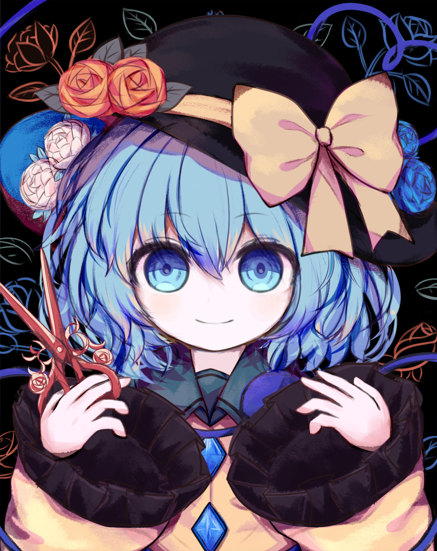 black_headwear blouse blue_eyes bow buttons diamond_button eyeball flower frilled_shirt_collar frilled_sleeves frills grey_hair hat hat_bow hat_flower hat_ribbon heart heart_of_string highres holding holding_scissors komeiji_koishi ribbon ro.ro scissors shirt third_eye touhou wide_sleeves yellow_bow yellow_ribbon yellow_shirt