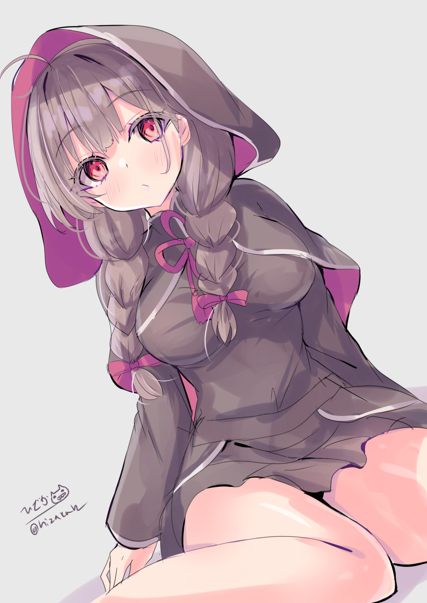 1girl absurdres ahoge black_capelet black_dress blush braid breasts brown_eyes brown_hair capelet dress dutch_angle grey_background hair_between_eyes hair_ribbon highres hizaka hood hooded_capelet kantai_collection long_hair long_sleeves looking_at_viewer one-hour_drawing_challenge red_ribbon ribbon shinshuu_maru_(kancolle) sitting solo twin_braids twitter_username