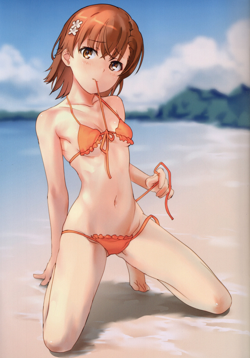 1girl absurdres bare_arms bare_legs barefoot beach bikini blue_sky blurry blurry_background blush breasts brown_eyes brown_hair cloud collarbone day flower frilled_bikini frills front-tie_bikini_top front-tie_top full_body hair_flower hair_ornament highres kneeling looking_at_viewer misaka_mikoto mouth_hold navel non-web_source ocean orange_bikini outdoors raika9 scan shore short_hair side-tie_bikini_bottom sky small_breasts solo swimsuit toaru_kagaku_no_railgun toaru_majutsu_no_index underboob untied_bikini